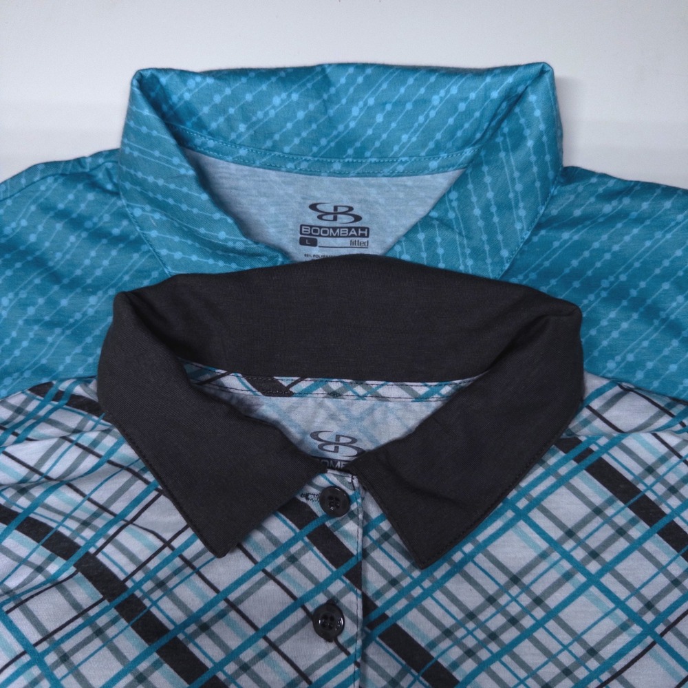 Boombah Womens Polo Shirt Large Blue Plaid Dot Athletic Golf Fitted Lot of 2